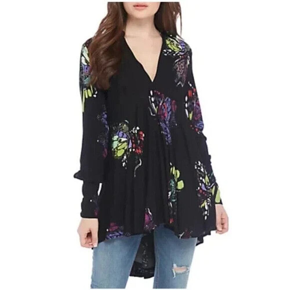 Free People Fields of Butterflies Tunic Top Women Sz XS Boho Hi Low Oversized